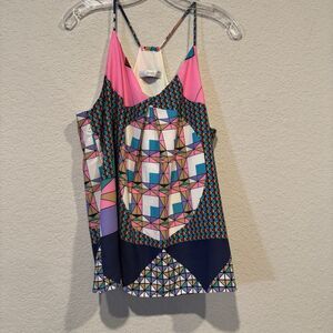 Ovi Women's Pleated Front V Neck Geometric Tank Top Sleeveless Multicolor Size M